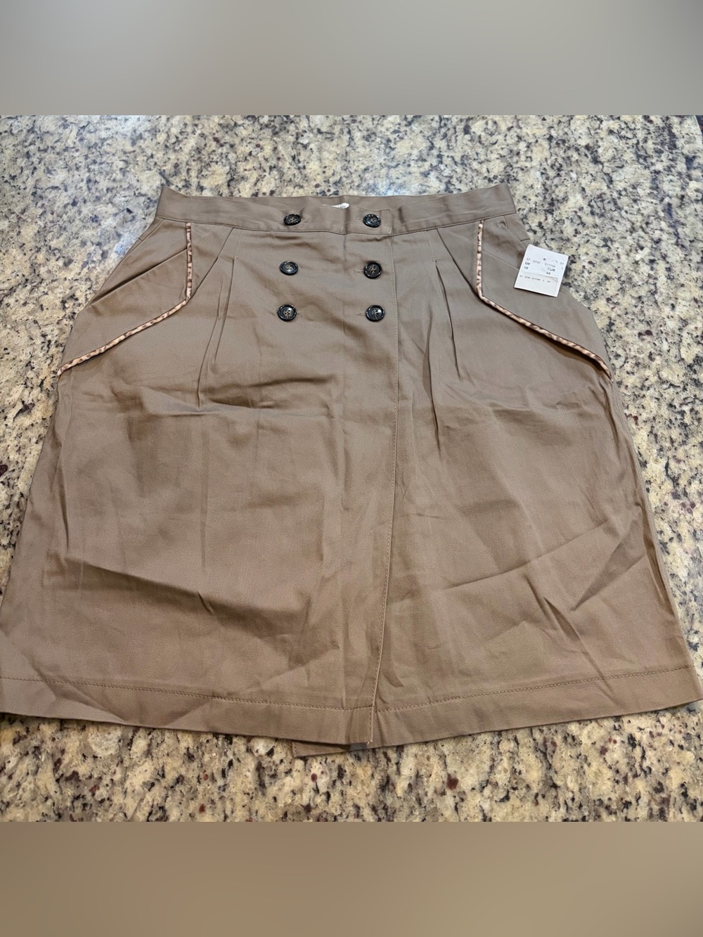 Paraphrase Taupe A-Line Skirt with Button Accents and Leopard Edging on Pockets